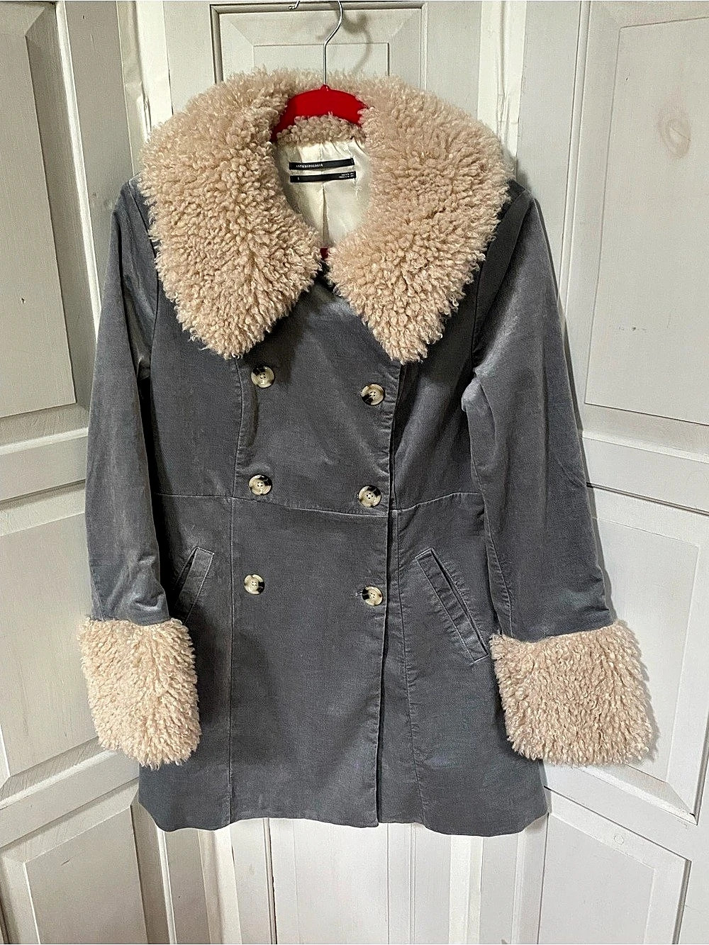 Anthropologie Gray Coat with Faux Fur Collar and Cuffs.
